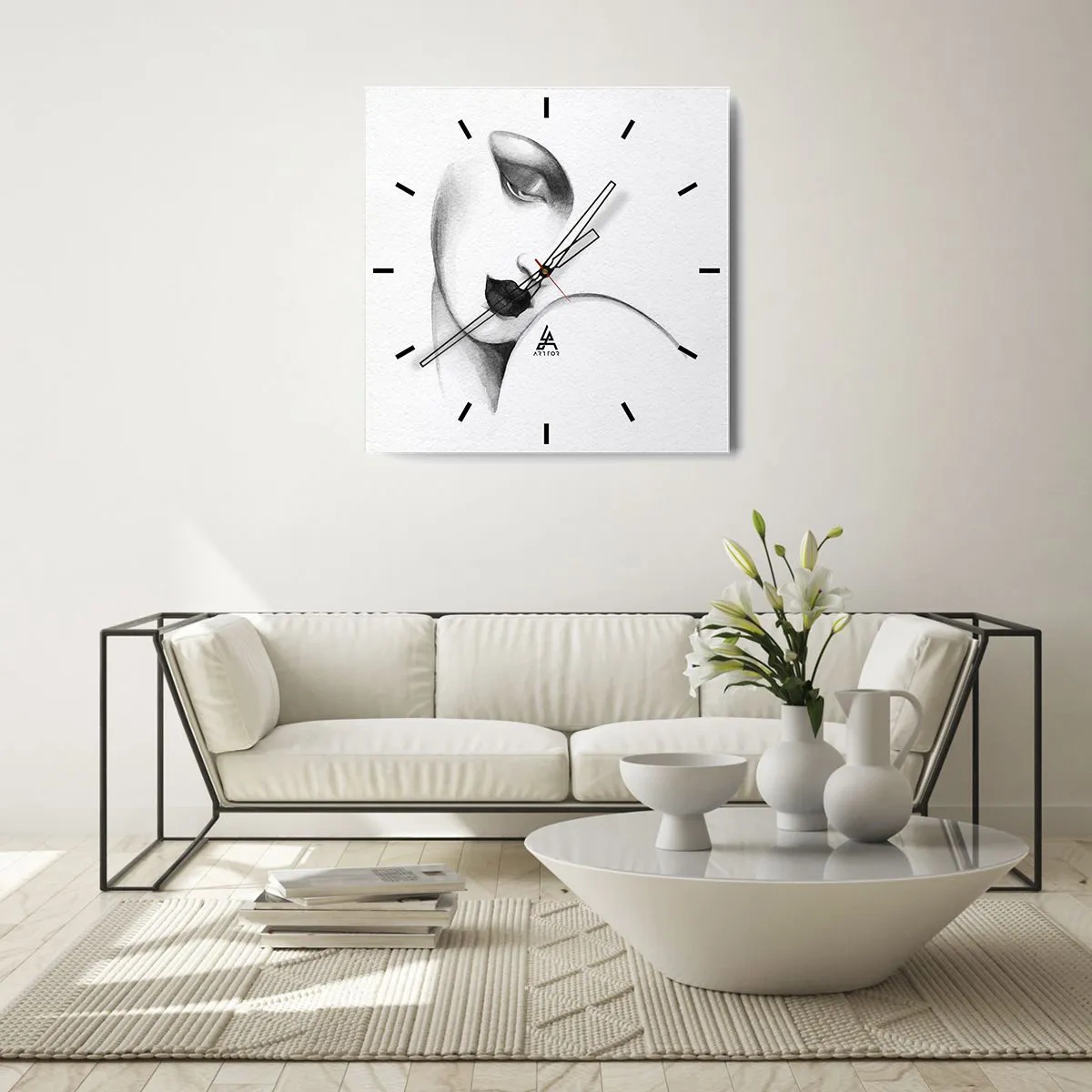 Wanduhr - Glasuhr - Ein subtiles Frauenporträt im monochromen Stil - 30x30cm - Im Stil von Łempicka - Moderne Wanddekoration für Wohnzimmer und Schlafzimmer ARTTOR