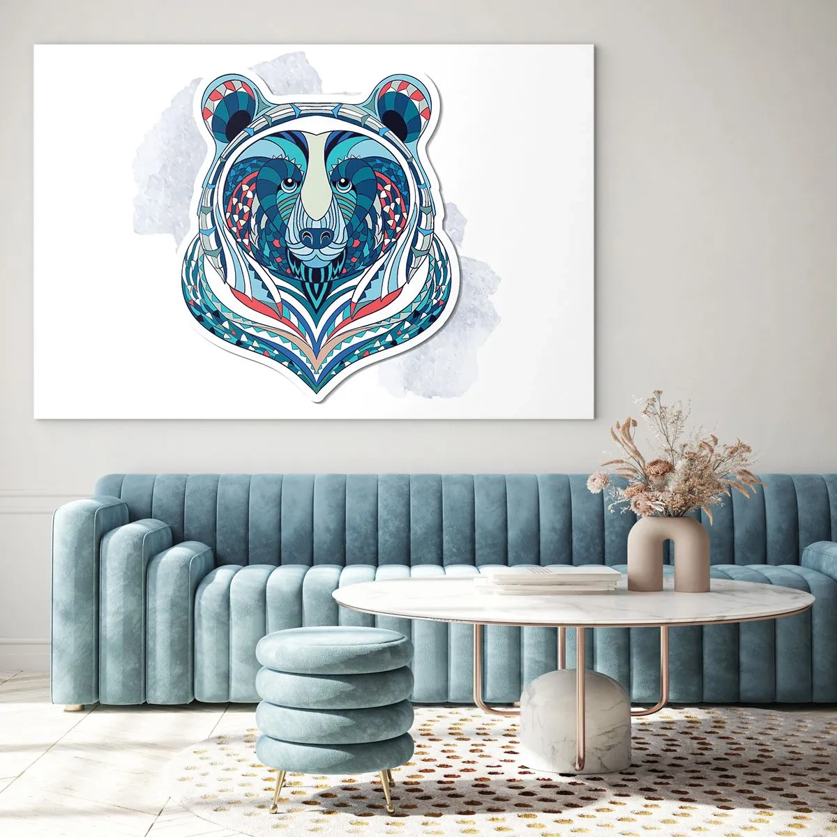 Glasbild - Bild auf glas - Ein farbenfrohes, geometrisches Porträt eines Teddybären - 120x80cm - Eviva Grönland! - Moderne Wanddekoration für Wohnzimmer und Schlafzimmer ARTTOR
