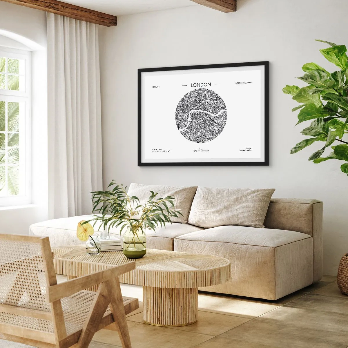 Poster in einem schwarzem Rahmen - Eine minimalistische Karte von London in Schwarzweiß mit präzisen Details. - 70x50cm - Anatomie von London - Moderne Wanddekoration für Wohnzimmer und Schlafzimmer ARTTOR