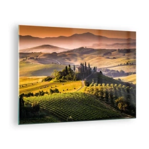 Glasbild - Bild auf glas - Toskanische Landschaft bei Sonnenaufgang - 70x50cm - Arkadien - die toskanische Landschaft - Moderne Wanddekoration für Wohnzimmer und Schlafzimmer ARTTOR