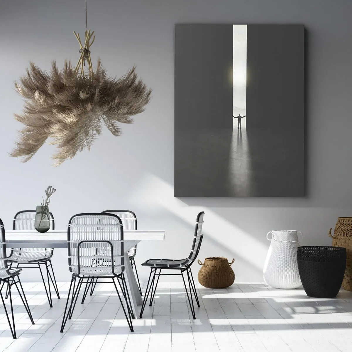 Bild auf Leinwand - Leinwandbild - Ein Mann steht im Licht eines schmalen Schlitzes in einem dunklen Raum - 50x70cm - Ein Schritt in eine strahlende Zukunft - Moderne Wanddekoration für Wohnzimmer und Schlafzimmer ARTTOR