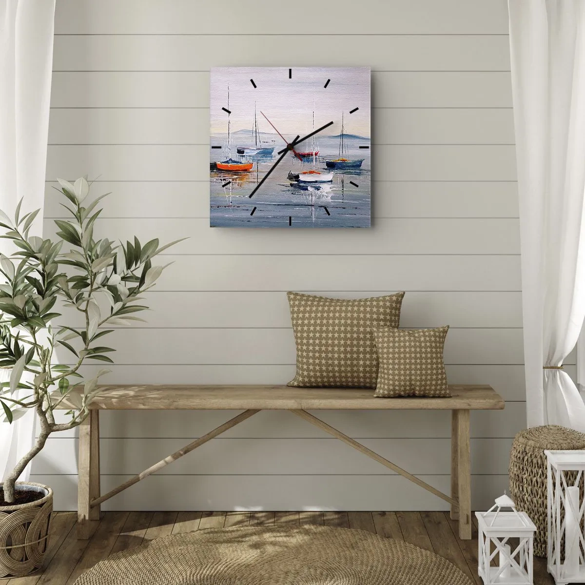 Wanduhr - Glasuhr - Bunte Boote auf ruhigem Wasser - 30x30cm - Wohlverdiente Ruhe - Moderne Wanddekoration für Wohnzimmer und Schlafzimmer ARTTOR