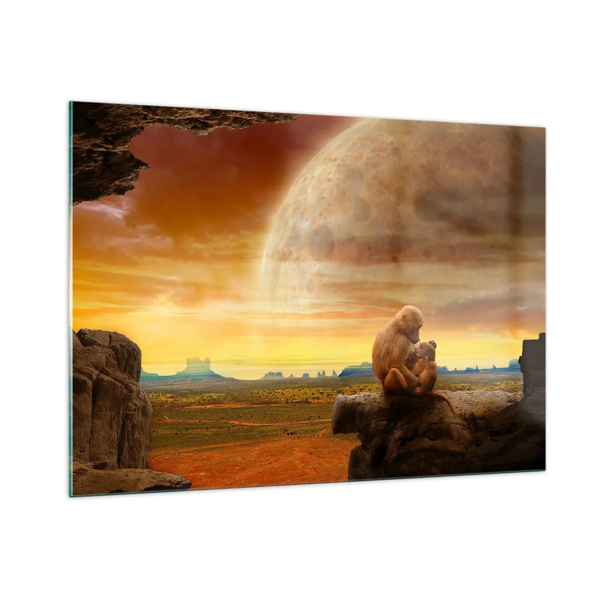 Glasbild - Bild auf glas - Affen sitzen auf einem Felsen mit einem riesigen Mond im Hintergrund - 100x70cm - Die Liebe ist überall gleich - Moderne Wanddekoration für Wohnzimmer und Schlafzimmer ARTTOR