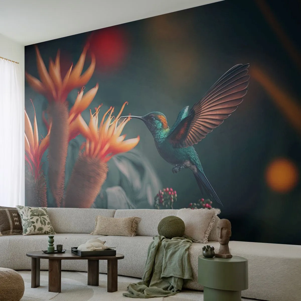 Fototapete Premium Sand - Wirklich buntes Leben - Vogel, Exotisch, Blume - 100x70 cm