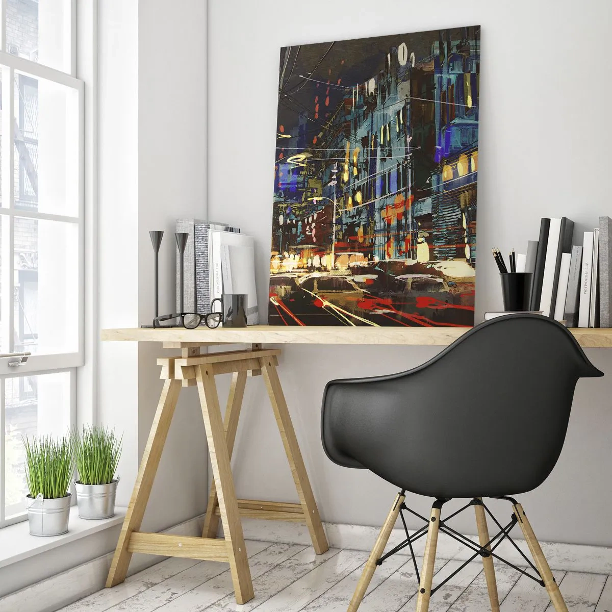 Glasbild - Bild auf glas - Stadtnachtszene mit Neonlichtern - 70x100cm - Abendlicher Straßentrubel - Moderne Wanddekoration für Wohnzimmer und Schlafzimmer ARTTOR
