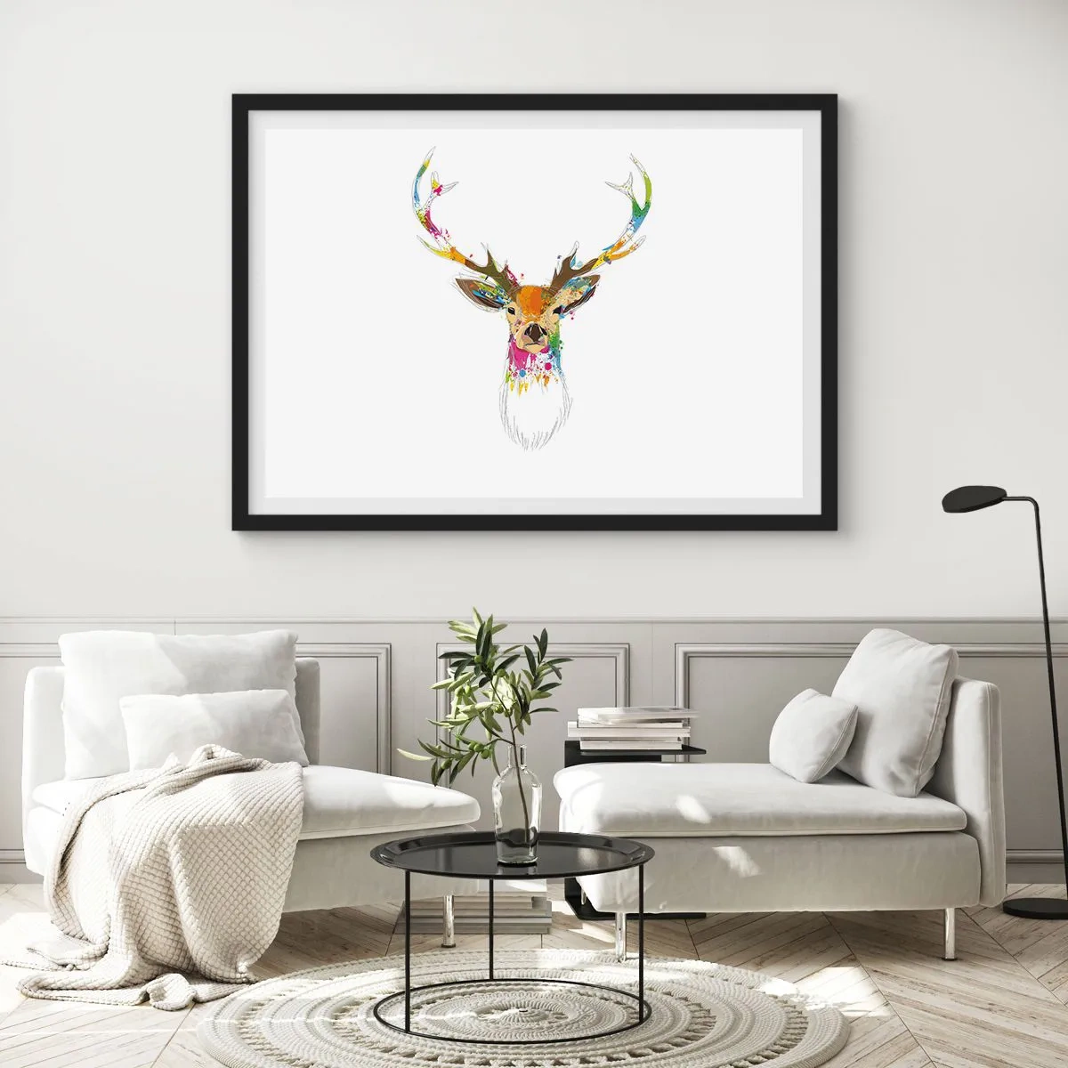 Poster in einem schwarzem Rahmen - Ein mildes Reh in Farbe getaucht - 50x40 cm
