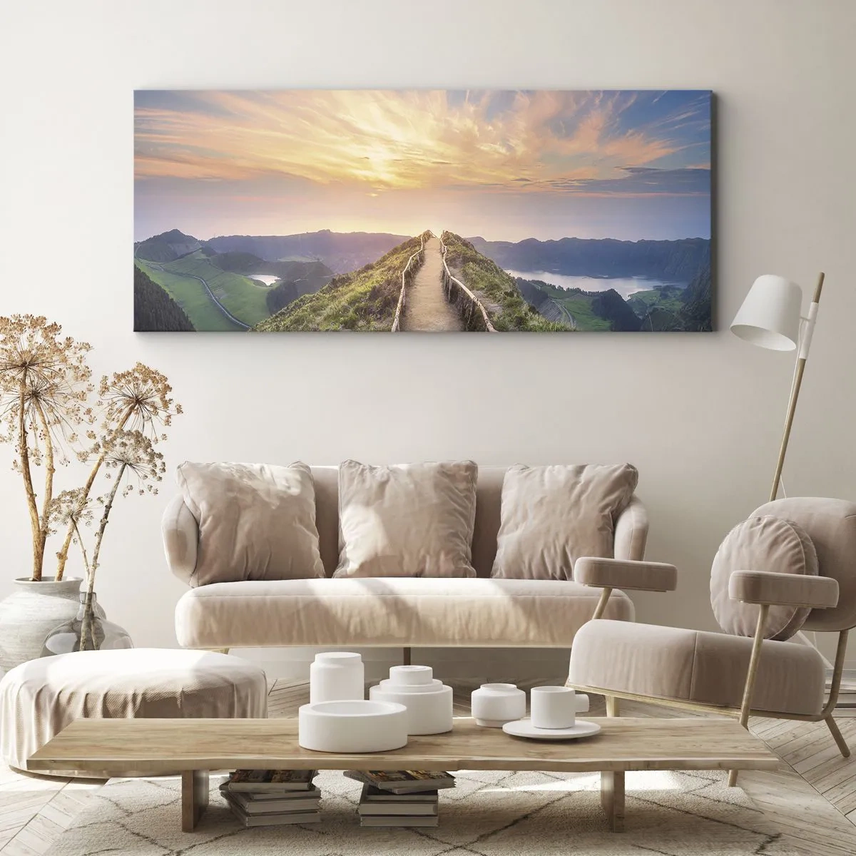 Bild auf Leinwand - Leinwandbild - Ein malerischer Weg auf einem Hügel mit Blick auf den Sonnenuntergang - 160x50cm - Nah am Himmel - Moderne Wanddekoration für Wohnzimmer und Schlafzimmer ARTTOR