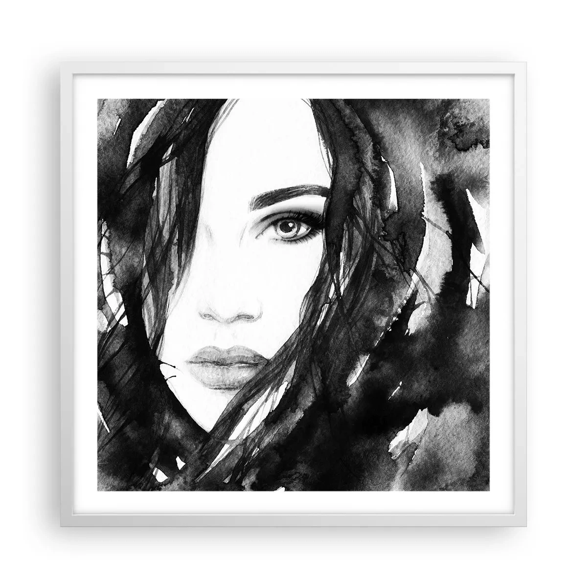 Poster in einem weißen Rahmen - Porträt einer Dame in Schwarzweiß - 60x60 cm