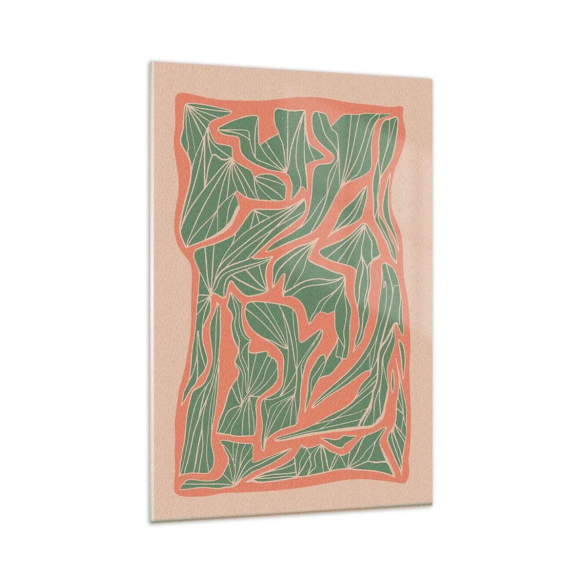 Glasbild - Bild auf glas - Ein Pflanzenmuster in Grün- und Orangetönen - 80x120cm - Kampf zwischen Korallen und Grün - Moderne Wanddekoration für Wohnzimmer und Schlafzimmer ARTTOR