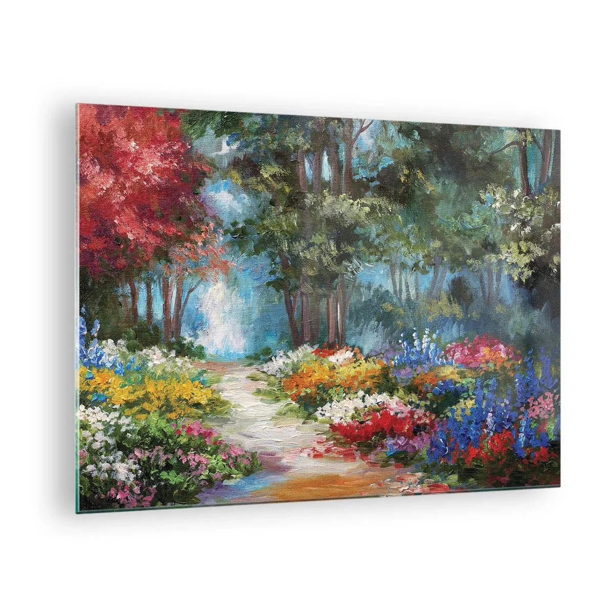 Glasbild - Bild auf glas - Ein farbenfroher Waldgarten mit blühenden Blumen - 70x50cm - Waldgarten, Blumenwald - Moderne Wanddekoration für Wohnzimmer und Schlafzimmer ARTTOR