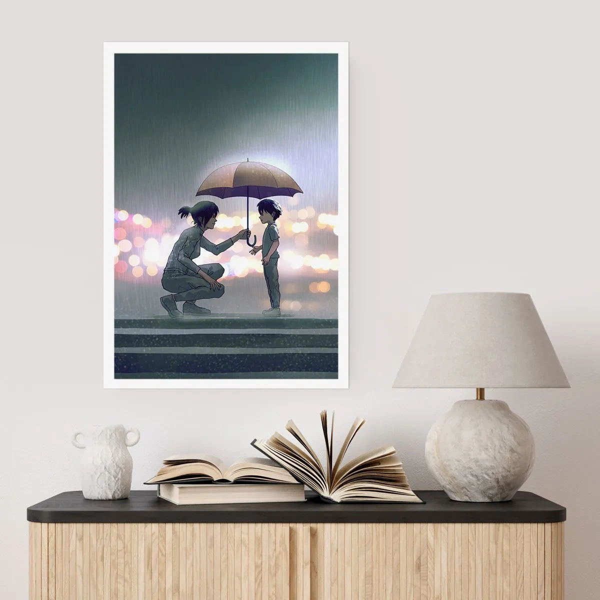 Poster - Ein Erwachsener reicht einem Kind vor einem regnerischen Hintergrund einen Regenschirm - 50x70cm - Und jetzt ist alles in Ordnung - Moderne Wanddekoration für Wohnzimmer und Schlafzimmer ARTTOR