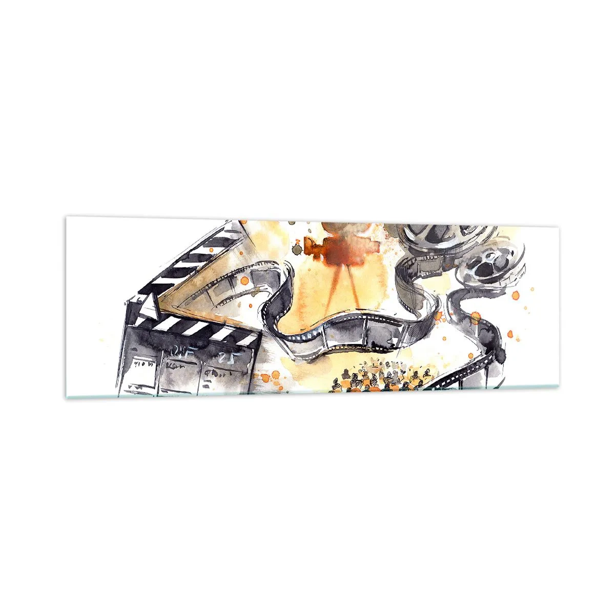 Glasbild - Bild auf glas - Die Symbolik des Kinos mit einem Filmstreifen in einem künstlerischen Aquarell - 160x50cm - Im Land der Träume - Moderne Wanddekoration für Wohnzimmer und Schlafzimmer ARTTOR