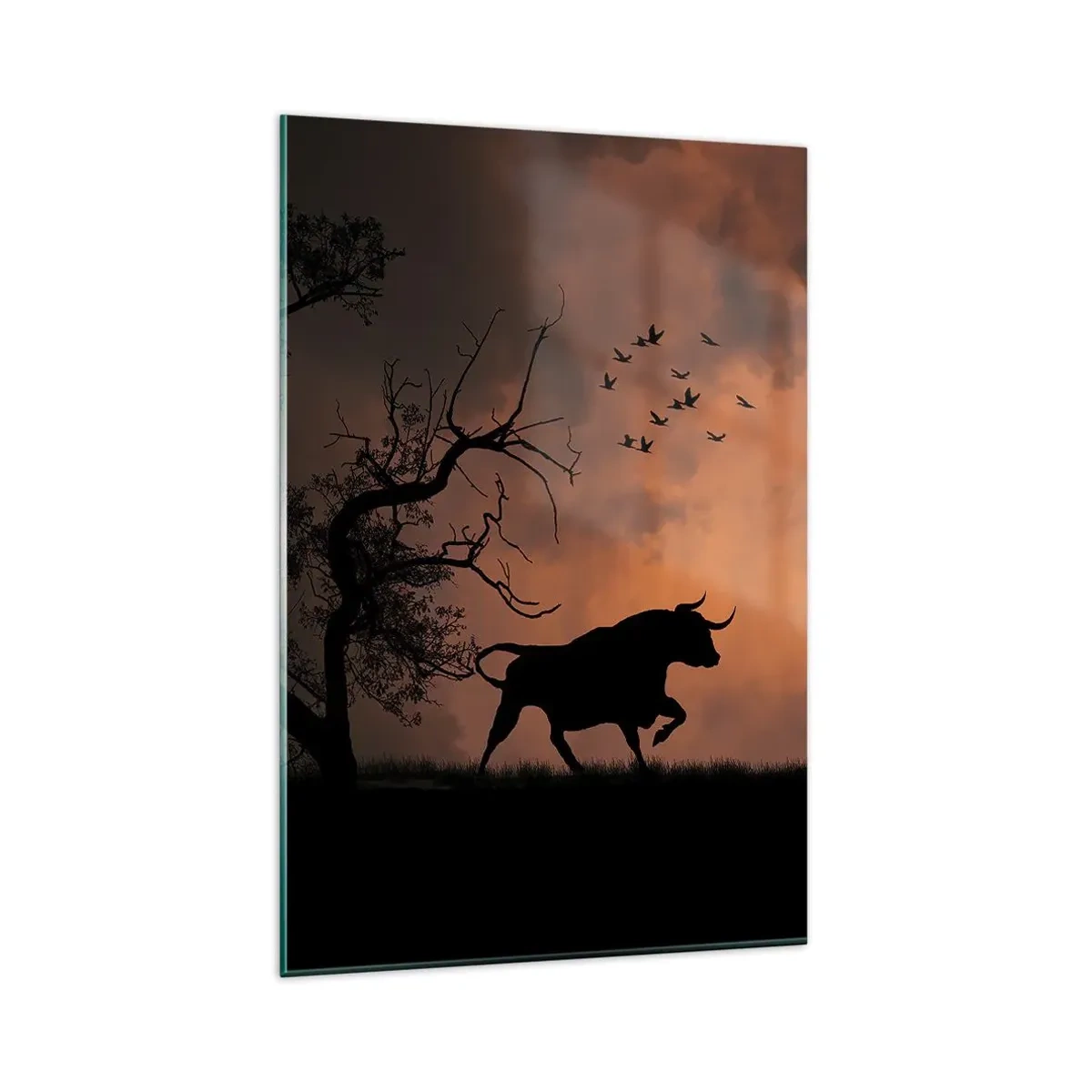 Glasbild - Bild auf glas - Silhouetten von Stieren vor einem orangefarbenen Himmel bei Sonnenuntergang - 80x120cm - Ein dramatisches Naturschauspiel - Moderne Wanddekoration für Wohnzimmer und Schlafzimmer ARTTOR