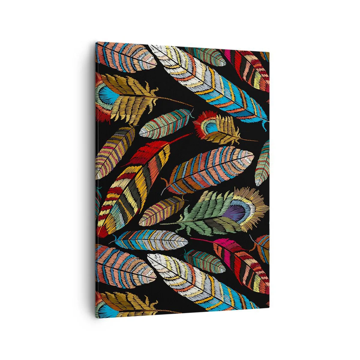 Bild auf Leinwand - Leinwandbild - Bunte Federn auf schwarzem Hintergrund - 50x70cm - Der Vogelkarneval - Moderne Wanddekoration für Wohnzimmer und Schlafzimmer ARTTOR