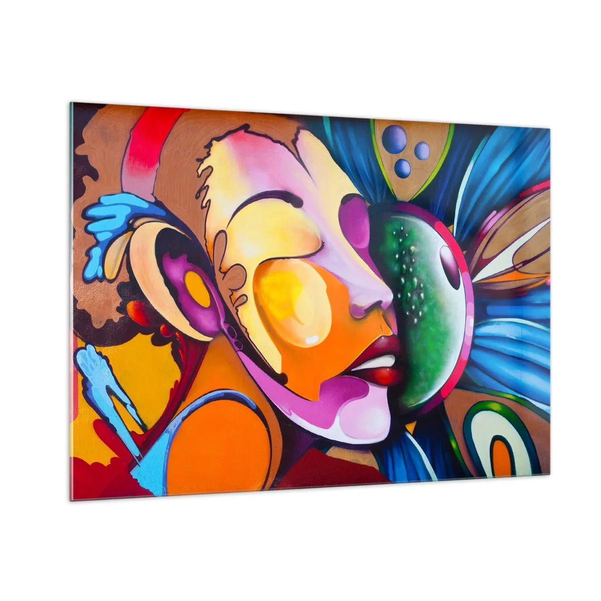 Glasbild - Bild auf glas - Bunte Abstraktion von Gesichtern im Street-Art-Stil - 100x70cm - Mit Farbe berühren - Moderne Wanddekoration für Wohnzimmer und Schlafzimmer ARTTOR