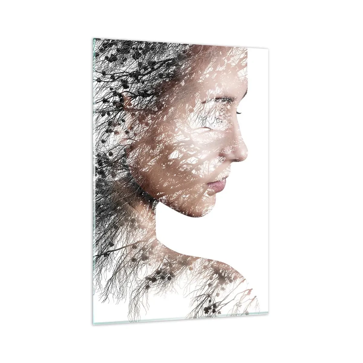 Glasbild - Bild auf glas - Silhouette einer Frau mit einem Zweig und Vogelmotiv im Hintergrund - 80x120cm - Der Geist des Waldes - Moderne Wanddekoration für Wohnzimmer und Schlafzimmer ARTTOR