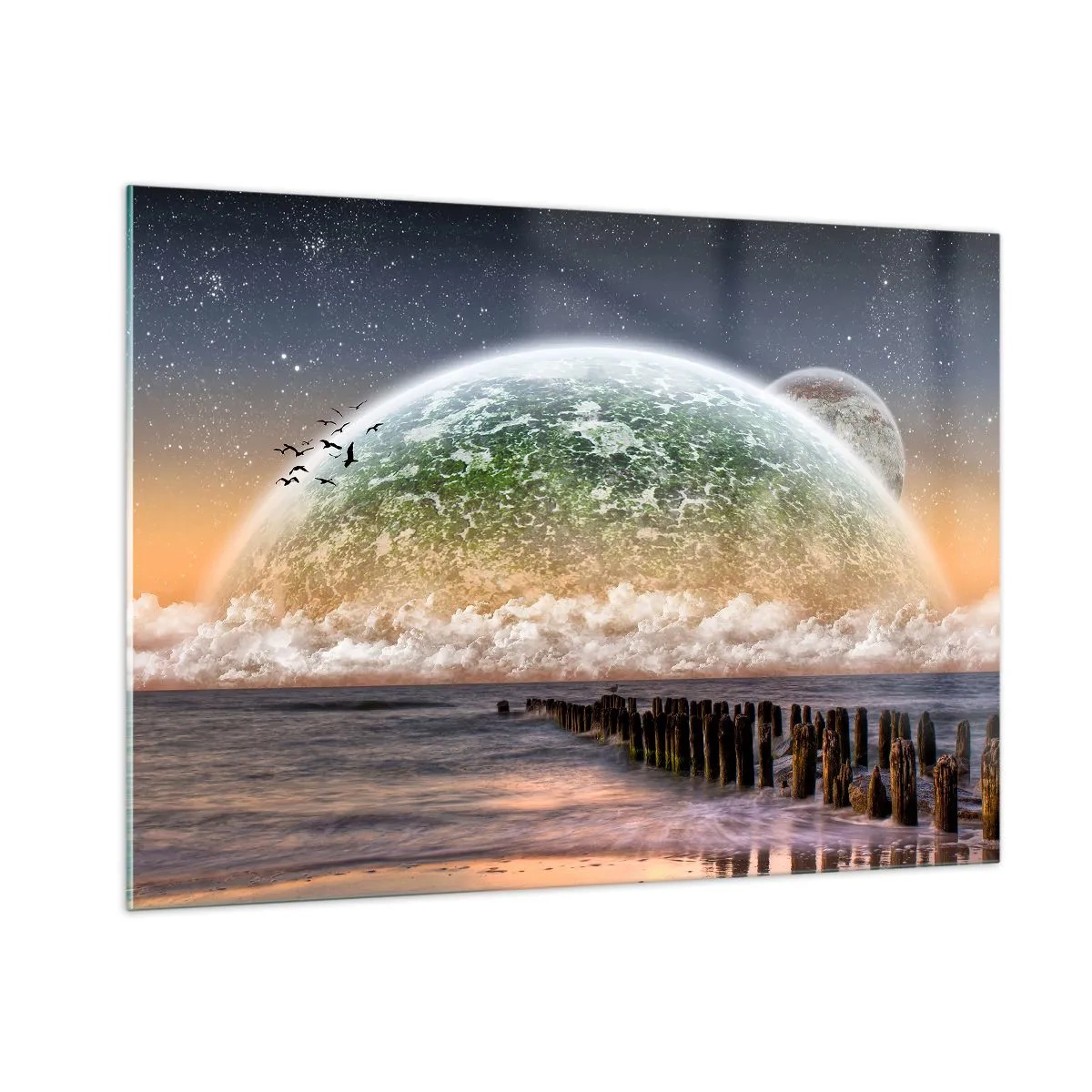 Glasbild - Bild auf glas - Sonnenuntergang über dem Planeten und dem Ozean - 100x70cm - Und die Welt tauchte aus dem Wasser auf - Moderne Wanddekoration für Wohnzimmer und Schlafzimmer ARTTOR