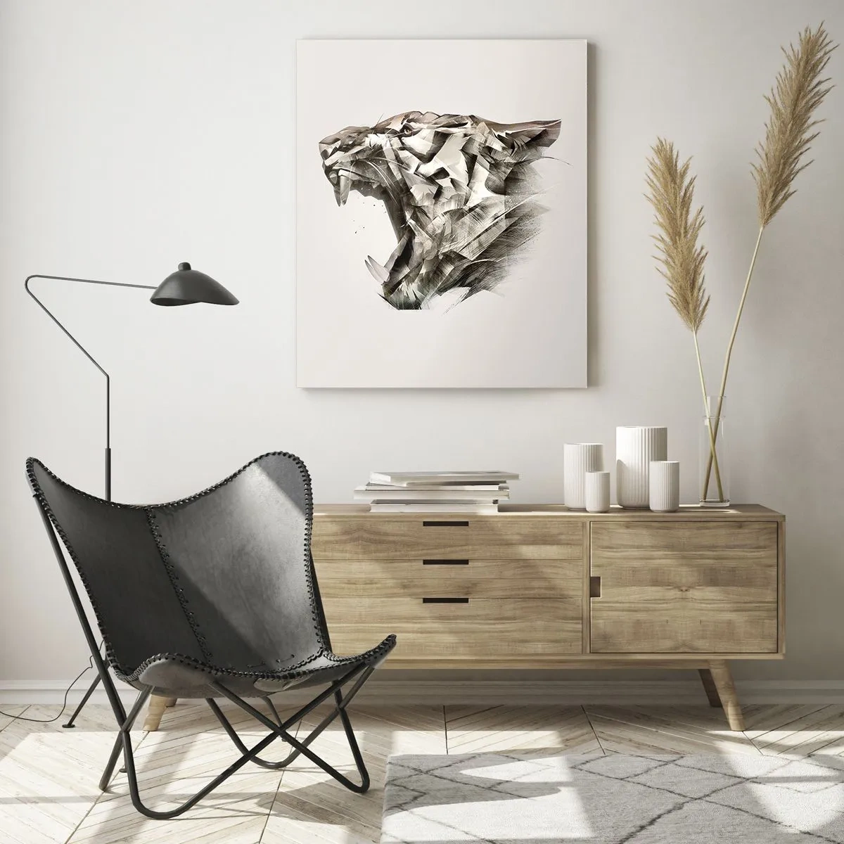 Glasbild - Bild auf glas - Abstraktes Bild eines Tigers in Beigetönen - 80x120cm - Du weißt schon wer das Sagen hat - Moderne Wanddekoration für Wohnzimmer und Schlafzimmer ARTTOR