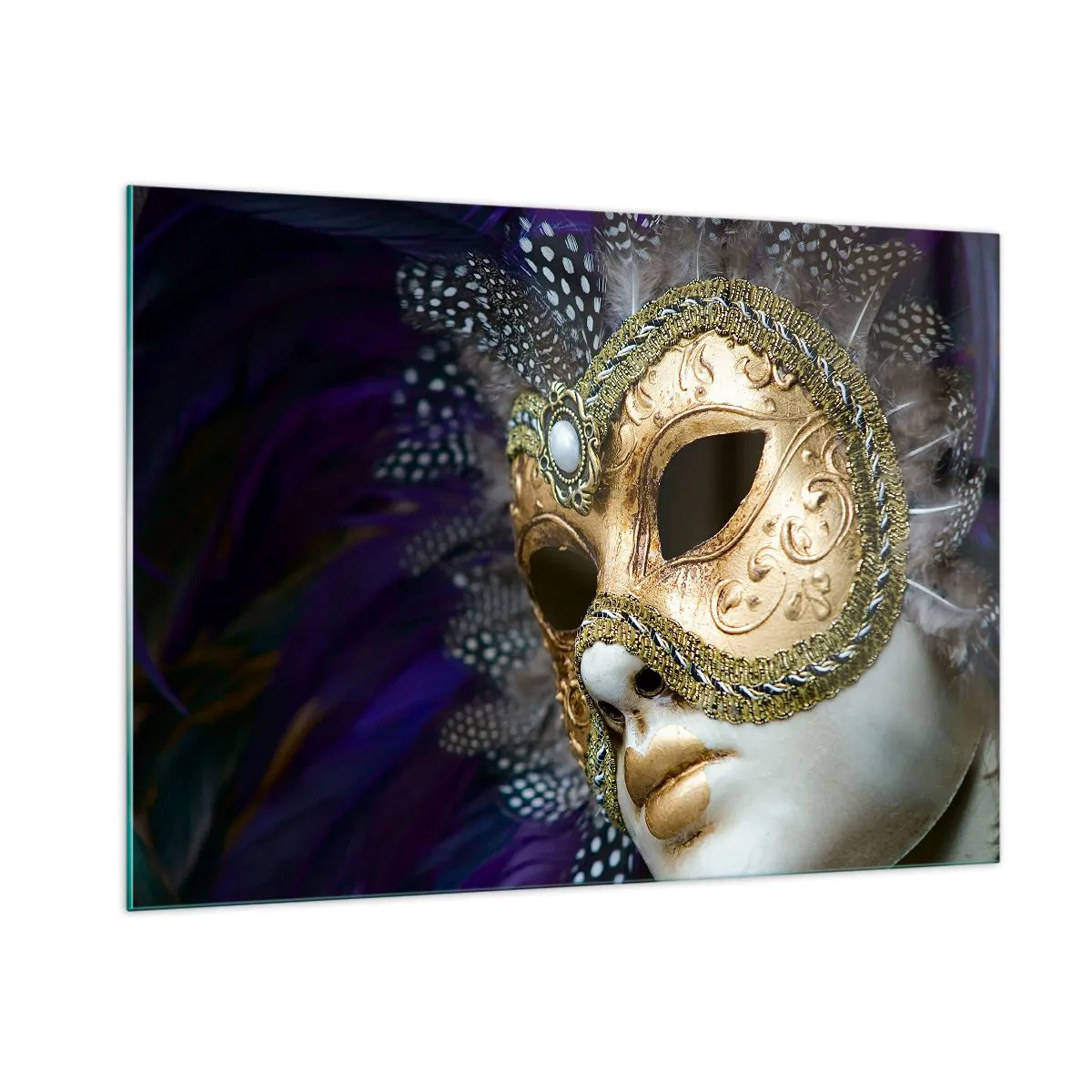 Glasbild - Bild auf glas - Goldene venezianische Maske mit Federn auf violettem Hintergrund - 100x70cm - Venezianisches Porträt in Gold - Moderne Wanddekoration für Wohnzimmer und Schlafzimmer ARTTOR