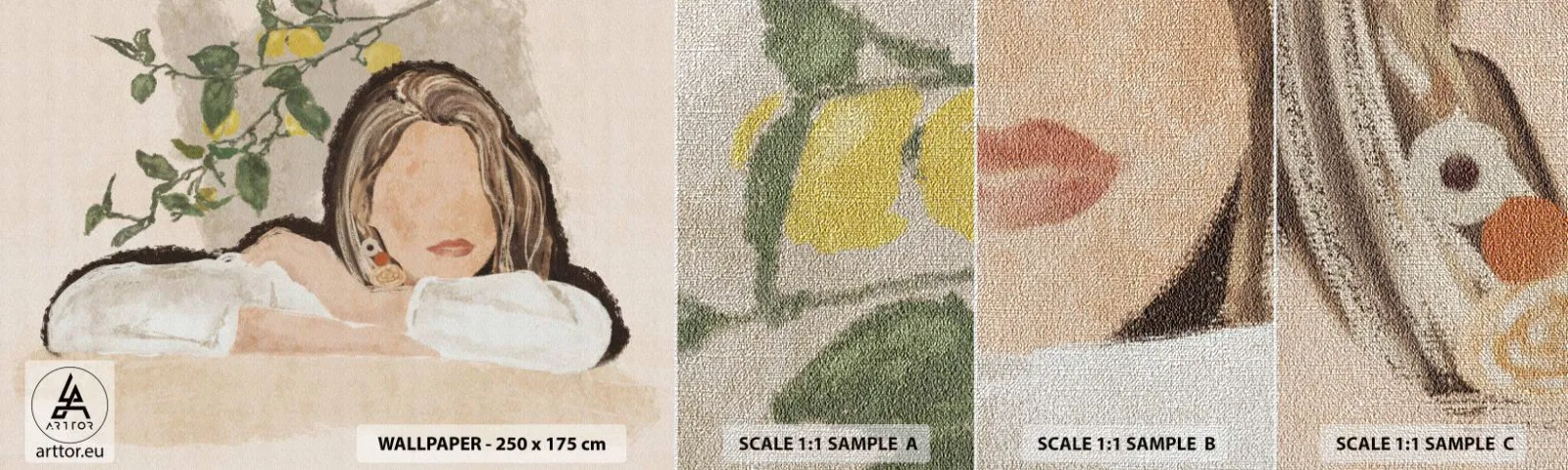 Fototapeten Muster Premium Canvas - Südländische Schönheit - Frau, Zitronen, Minimalismus - 100x30 cm