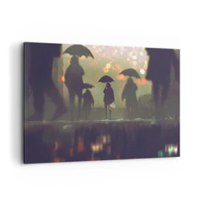 Bild auf Leinwand - Leinwandbild - Eine Figur mit einem Regenschirm an einem regnerischen Abend zwischen den Lichtern der Stadt - 100x70cm - Aus der Perspektive eines Regentropfens - Moderne Wanddekoration für Wohnzimmer und Schlafzimmer ARTTOR
