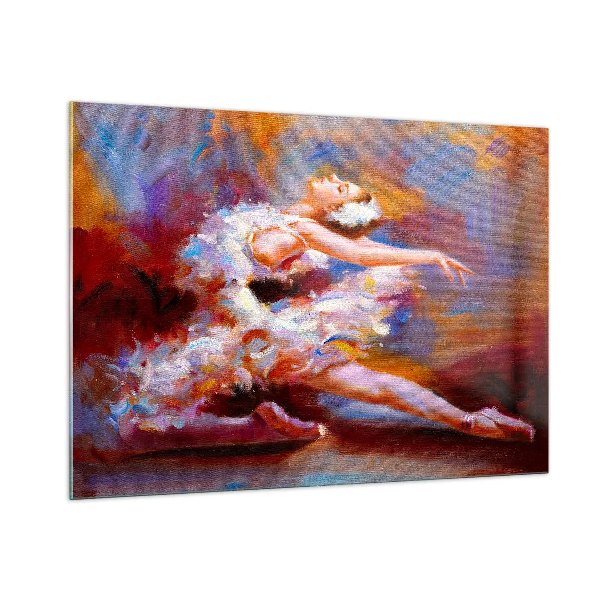 Glasbild - Bild auf glas - Eine Ballerina in einer dynamischen Pose vor einem Hintergrund aus abstrakten Farben. - 100x70cm - Schwan Gnade - Moderne Wanddekoration für Wohnzimmer und Schlafzimmer ARTTOR