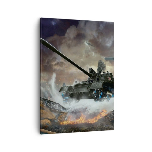 Bild auf Leinwand - Leinwandbild - Kampfszene mit Panzern und Flugzeugen im Hintergrund - 50x70cm - Der Kampf ist schrecklich und schön - Moderne Wanddekoration für Wohnzimmer und Schlafzimmer ARTTOR