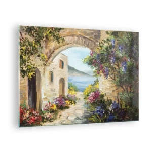 Glasbild - Bild auf glas - Eine malerische Straße mit Blick auf den See - 70x50cm - Charme einer Küstenprovinz - Moderne Wanddekoration für Wohnzimmer und Schlafzimmer ARTTOR