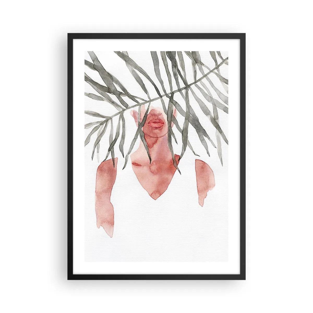 Poster in einem schwarzem Rahmen - Aquarell-Silhouette einer Frau, versteckt hinter Blättern - 50x70cm - Dame der Tropen - Moderne Wanddekoration für Wohnzimmer und Schlafzimmer ARTTOR