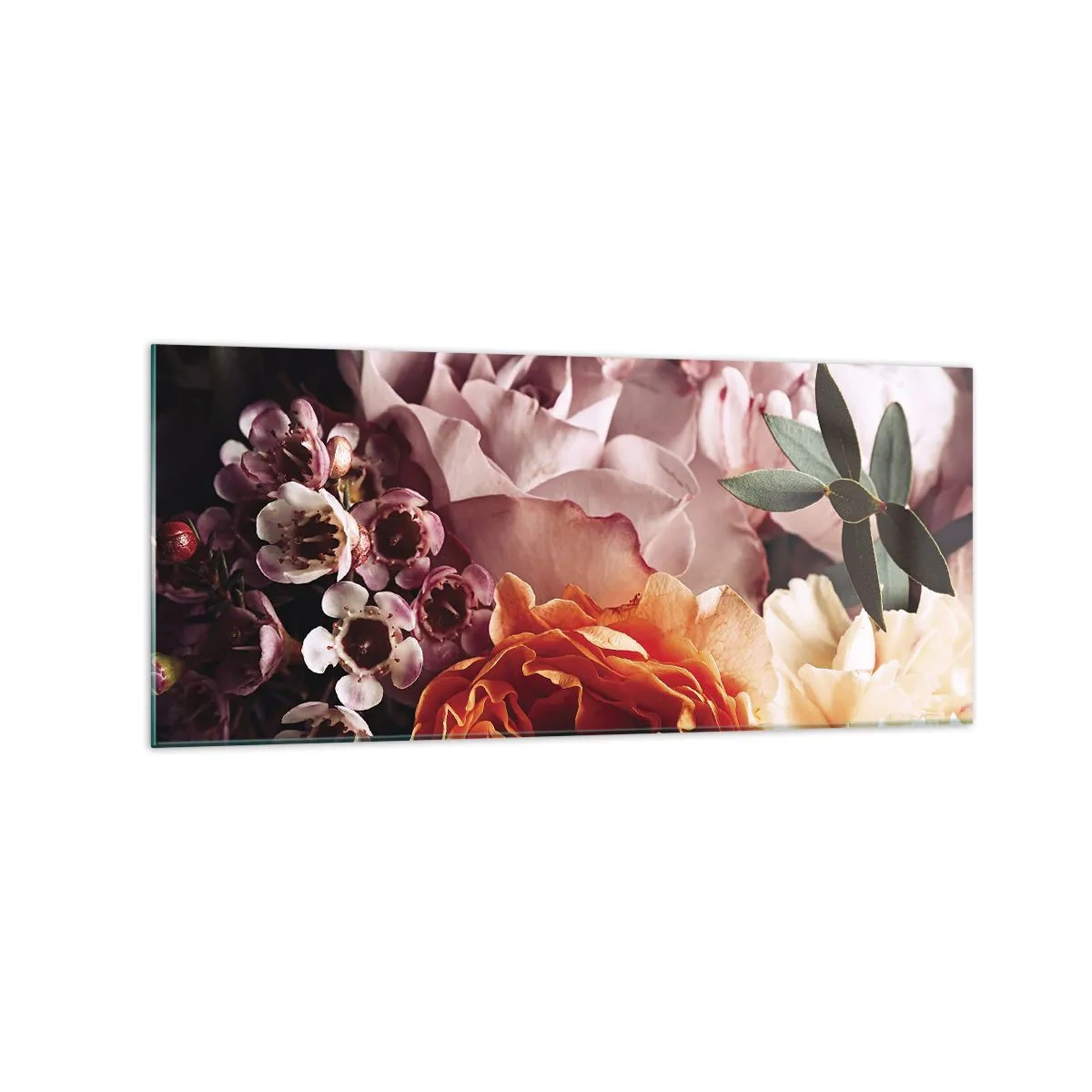 Glasbild - Bild auf glas - Eine Nahaufnahme einer farbenfrohen Blumenkomposition - 120x50cm - Eingehüllt in Schönheit - Moderne Wanddekoration für Wohnzimmer und Schlafzimmer ARTTOR