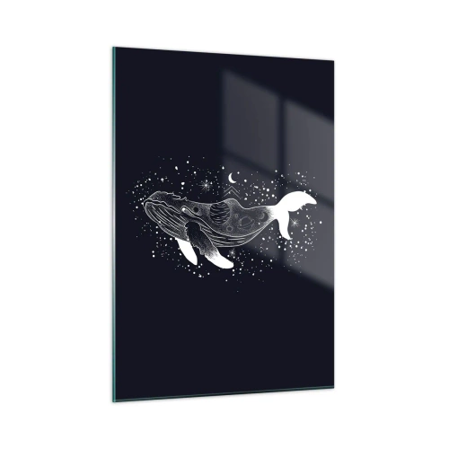 Glasbild - Bild auf glas - Grafische weiße Silhouette eines im Weltraum schwebenden Wals - 50x70cm - Im Ozean des Universums - Moderne Wanddekoration für Wohnzimmer und Schlafzimmer ARTTOR