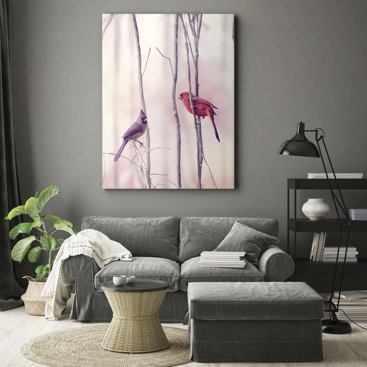 Bild auf Leinwand - Leinwandbild - Ein Kardinalspaar sitzt auf Ästen in einer pastellfarbenen Landschaft - 50x70cm - Geschichte vom rosa Wald - Moderne Wanddekoration für Wohnzimmer und Schlafzimmer ARTTOR