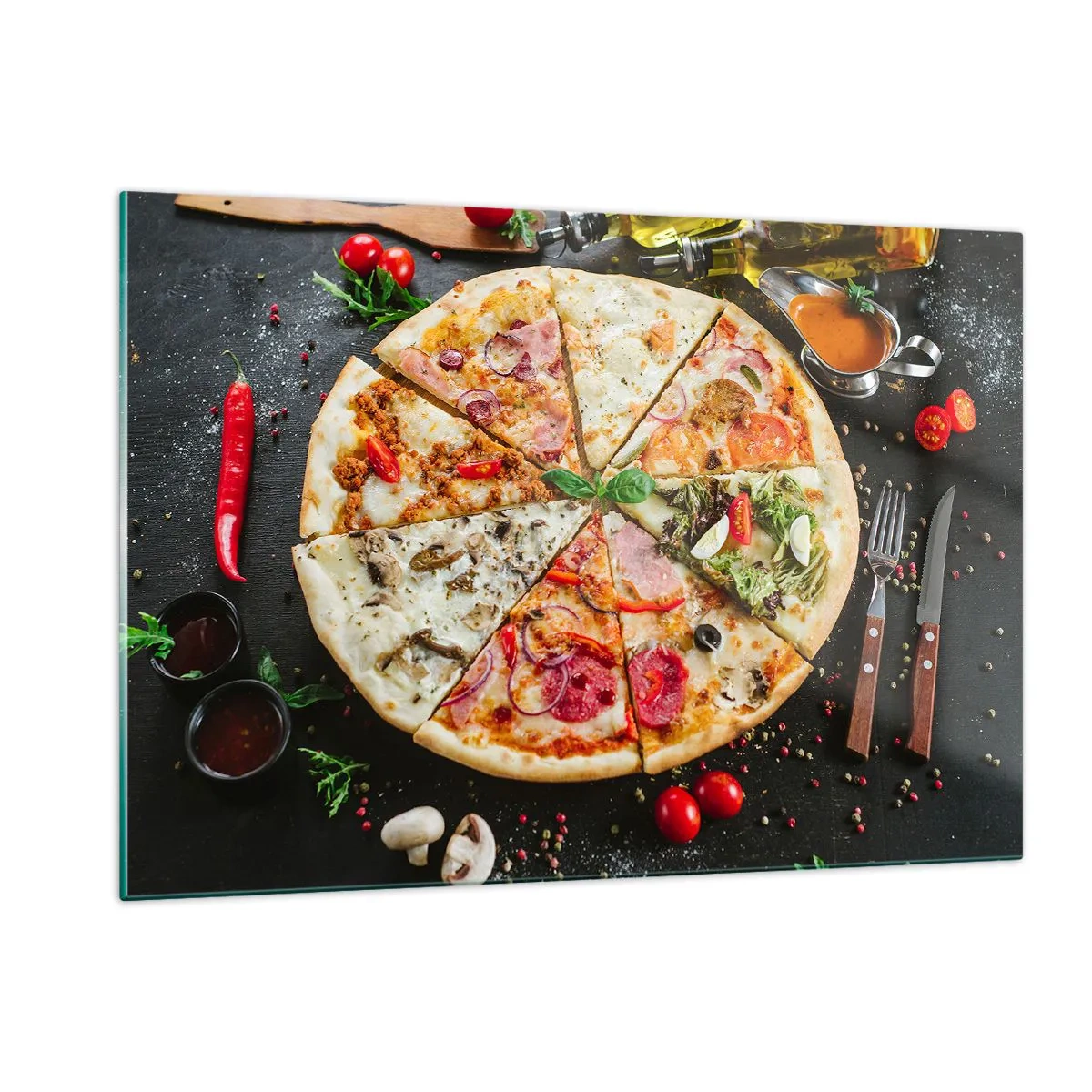 Glasbild - Bild auf glas - Pizza in verschiedenen Geschmacksrichtungen mit Belag auf dunklem Hintergrund - 120x80cm - Eine Reihe von Geschmacksrichtungen - Moderne Wanddekoration für Wohnzimmer und Schlafzimmer ARTTOR