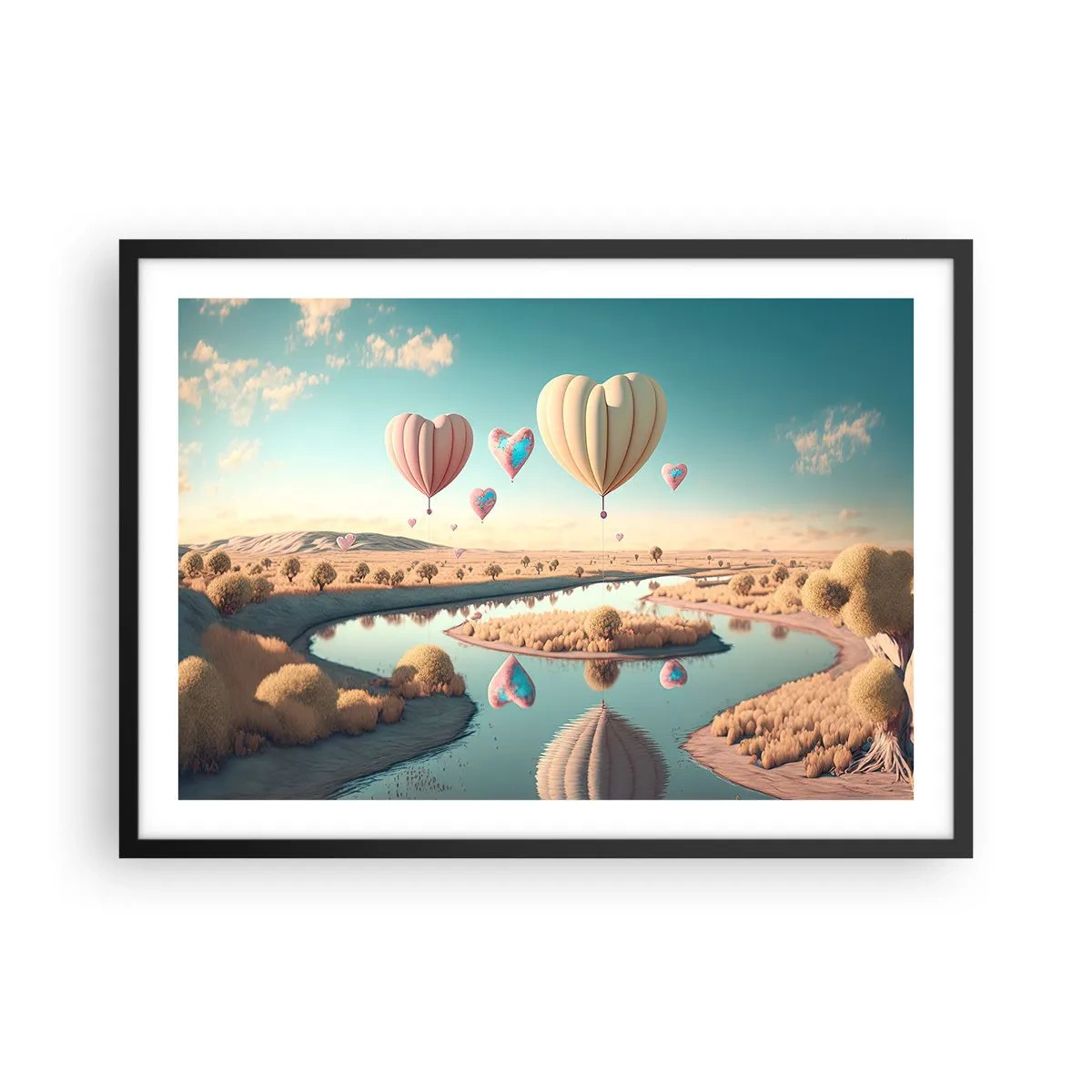 Poster in einem schwarzem Rahmen - Herzförmige Ballons schweben über der Landschaft - 70x50cm - Dank Liebe steigt man auf - Moderne Wanddekoration für Wohnzimmer und Schlafzimmer ARTTOR