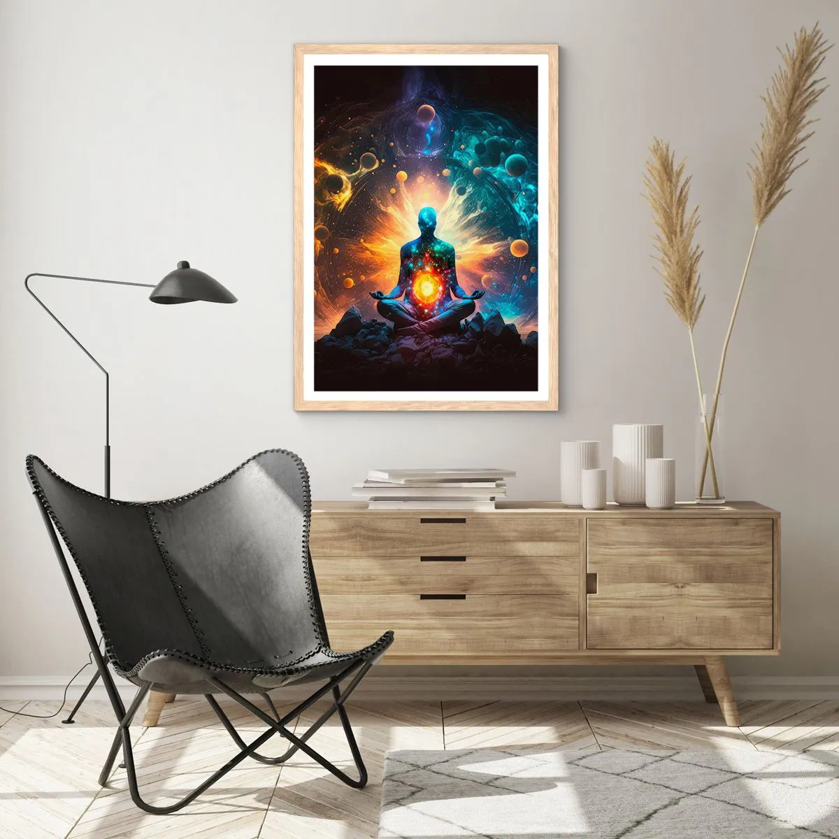 Poster in einem Rahmen aus heller Eiche - Kosmischer Frieden - 30x40 cm