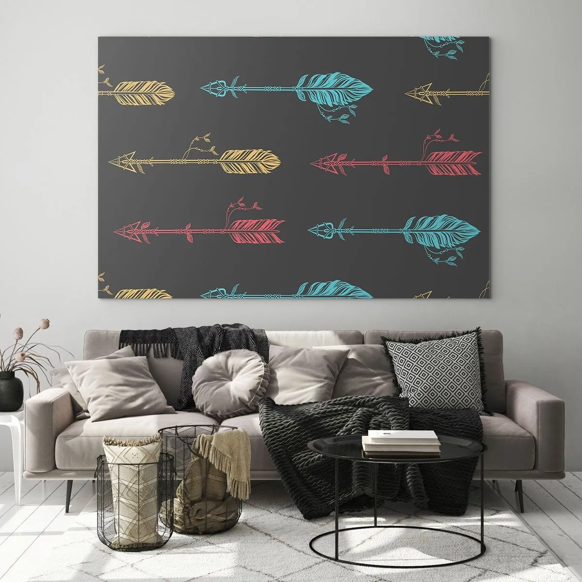 Glasbild - Bild auf glas - Bunte Pfeile auf dunklem Hintergrund in einem grafischen Layout - 120x80cm - In der Verordnung - Moderne Wanddekoration für Wohnzimmer und Schlafzimmer ARTTOR