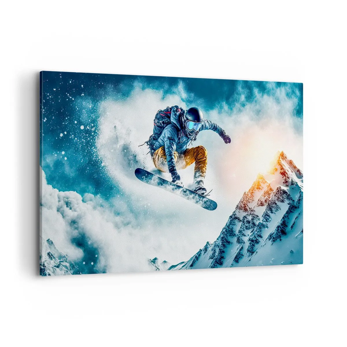 Bild auf Leinwand - Leinwandbild - Ein Snowboarder fliegt über schneebedeckte Berge - 120x80cm - Extreme Emotionen - Moderne Wanddekoration für Wohnzimmer und Schlafzimmer ARTTOR