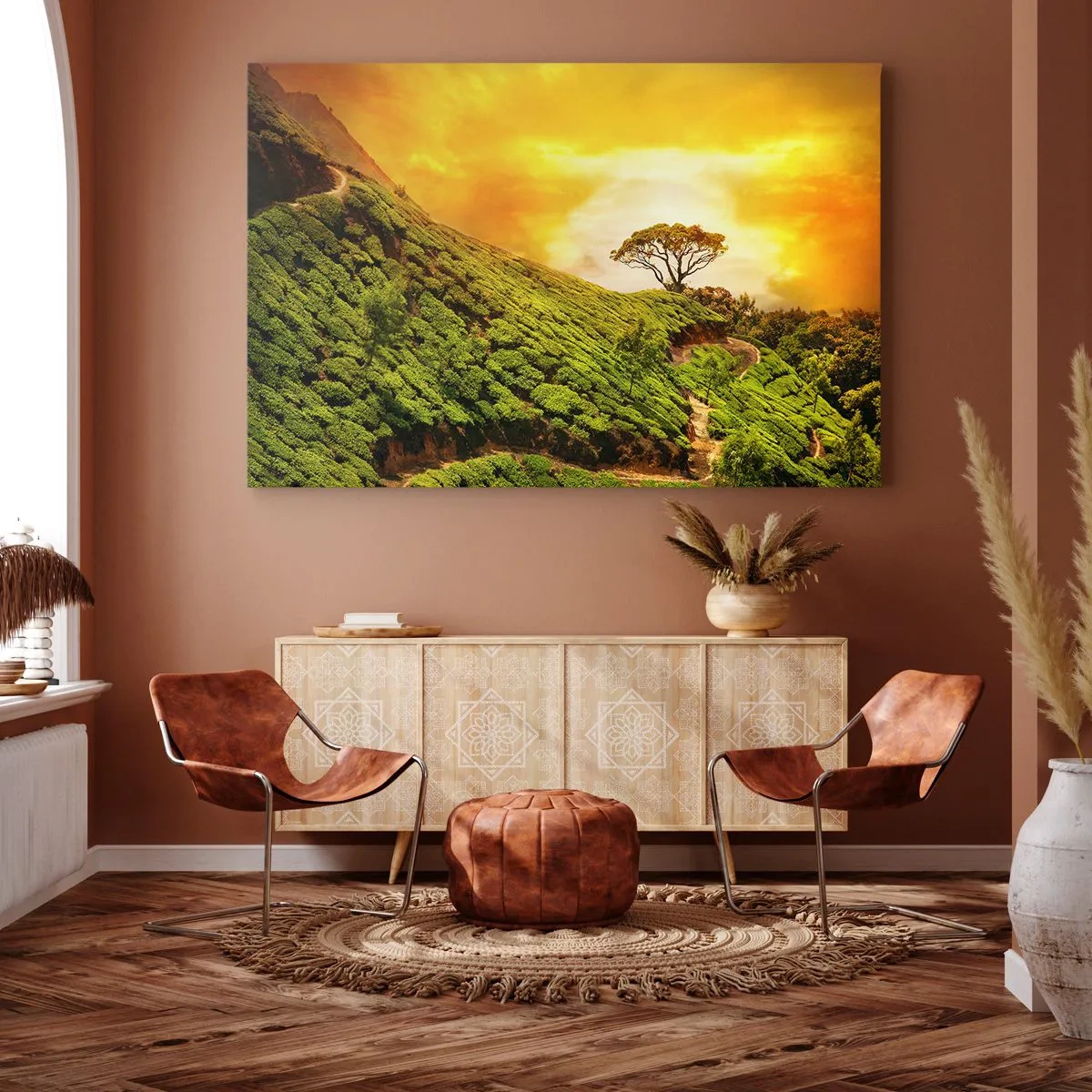 Bild auf Leinwand - Leinwandbild - Grüne Hügel mit Teeplantagen bei Sonnenuntergang - 100x70cm - Ein gewundener Weg, ein grüner Hang - Moderne Wanddekoration für Wohnzimmer und Schlafzimmer ARTTOR
