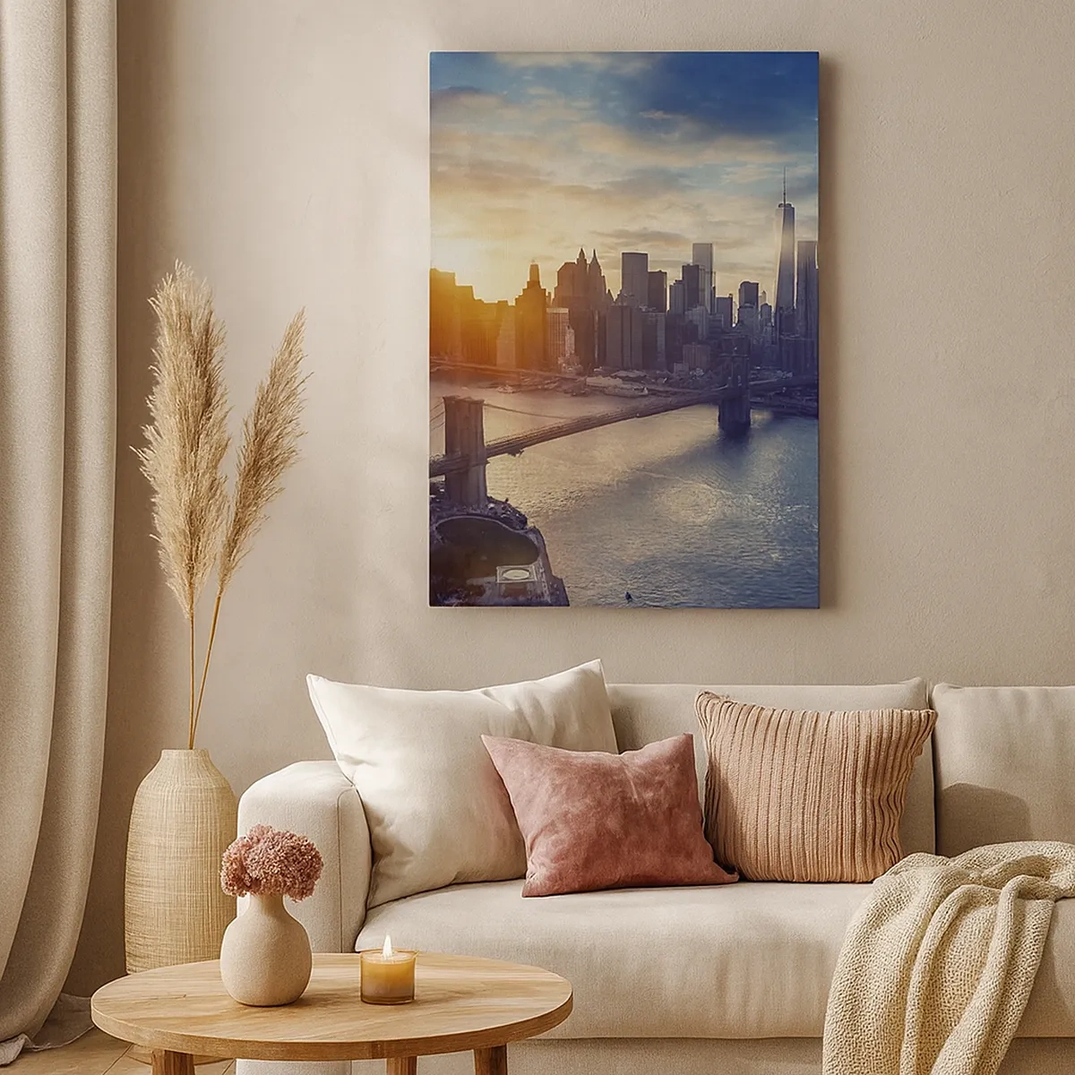 Bild auf Leinwand - Leinwandbild - Panorama der Stadt mit der Brücke und dem Fluss im Licht der untergehenden Sonne - 50x70cm - Westliches Kulturdenkmal - Moderne Wanddekoration für Wohnzimmer und Schlafzimmer ARTTOR