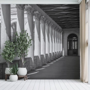 Fototapete Premium Sand - Schwarz-weiße Säulenhalle im klassischen Stil - 100x70cm - Sonnige Arkade - Moderne Wanddekoration für Wohnzimmer und Schlafzimmer ARTTOR