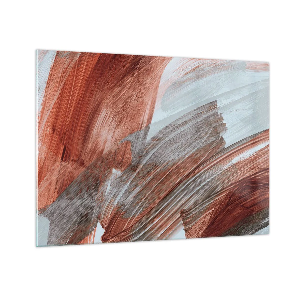 Glasbild - Bild auf glas - Dynamische Pinselstriche in warmen Herbstfarben und kühlen Blautönen. - 70x50cm - Herbst und windige Abstraktion - Moderne Wanddekoration für Wohnzimmer und Schlafzimmer ARTTOR