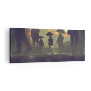 Bild auf Leinwand - Leinwandbild - Eine Figur mit einem Regenschirm an einem regnerischen Abend zwischen den Lichtern der Stadt - 120x50cm - Aus der Perspektive eines Regentropfens - Moderne Wanddekoration für Wohnzimmer und Schlafzimmer ARTTOR