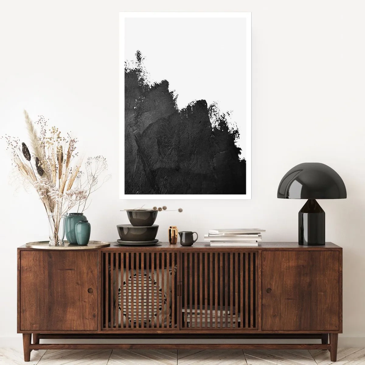 Poster - Minimalistische Abstraktion mit schwarzem Akzent auf weißem Hintergrund - 50x70cm - Elemente: Erde - Moderne Wanddekoration für Wohnzimmer und Schlafzimmer ARTTOR