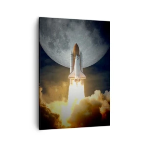 Bild auf Leinwand - Leinwandbild - Eine Rakete hebt vor dem Hintergrund eines Vollmonds ab, umgeben von dynamischen Wolken. - 50x70cm - Beginn eines überirdischen Abenteuers - Moderne Wanddekoration für Wohnzimmer und Schlafzimmer ARTTOR