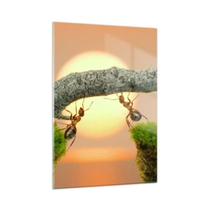 Glasbild - Bild auf glas - Ameisen bauen bei Sonnenuntergang eine Brücke - 50x70cm - Glücklich, zusammen arbeiten - Moderne Wanddekoration für Wohnzimmer und Schlafzimmer ARTTOR