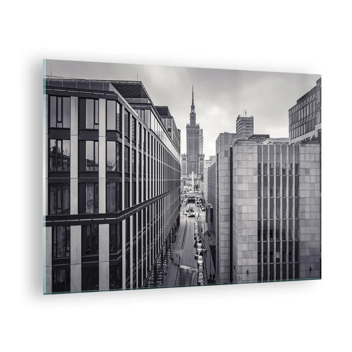 Glasbild - Bild auf glas - Schwarz-weiße Stadtansicht mit Wolkenkratzern und einer Straße - 70x50cm - Warschauer Tal - Moderne Wanddekoration für Wohnzimmer und Schlafzimmer ARTTOR