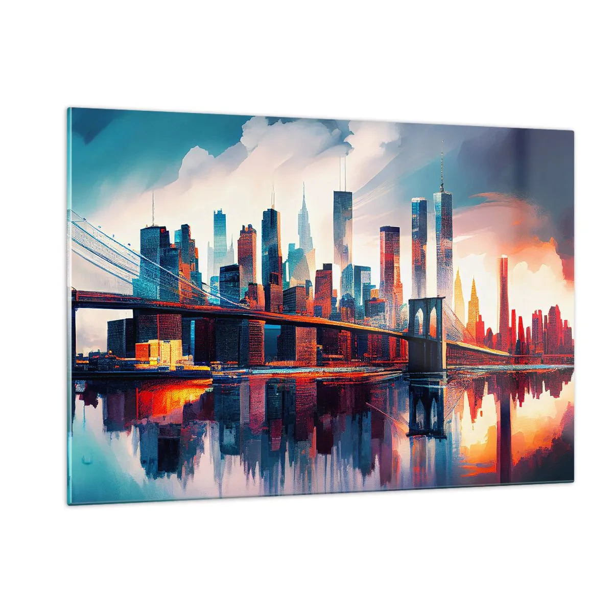 Glasbild - Bild auf glas - Panorama der Stadt mit einer Brücke vor dem bunten Himmel und Spiegelung im Wasser - 120x80cm - Traumhaftes New York - Moderne Wanddekoration für Wohnzimmer und Schlafzimmer ARTTOR