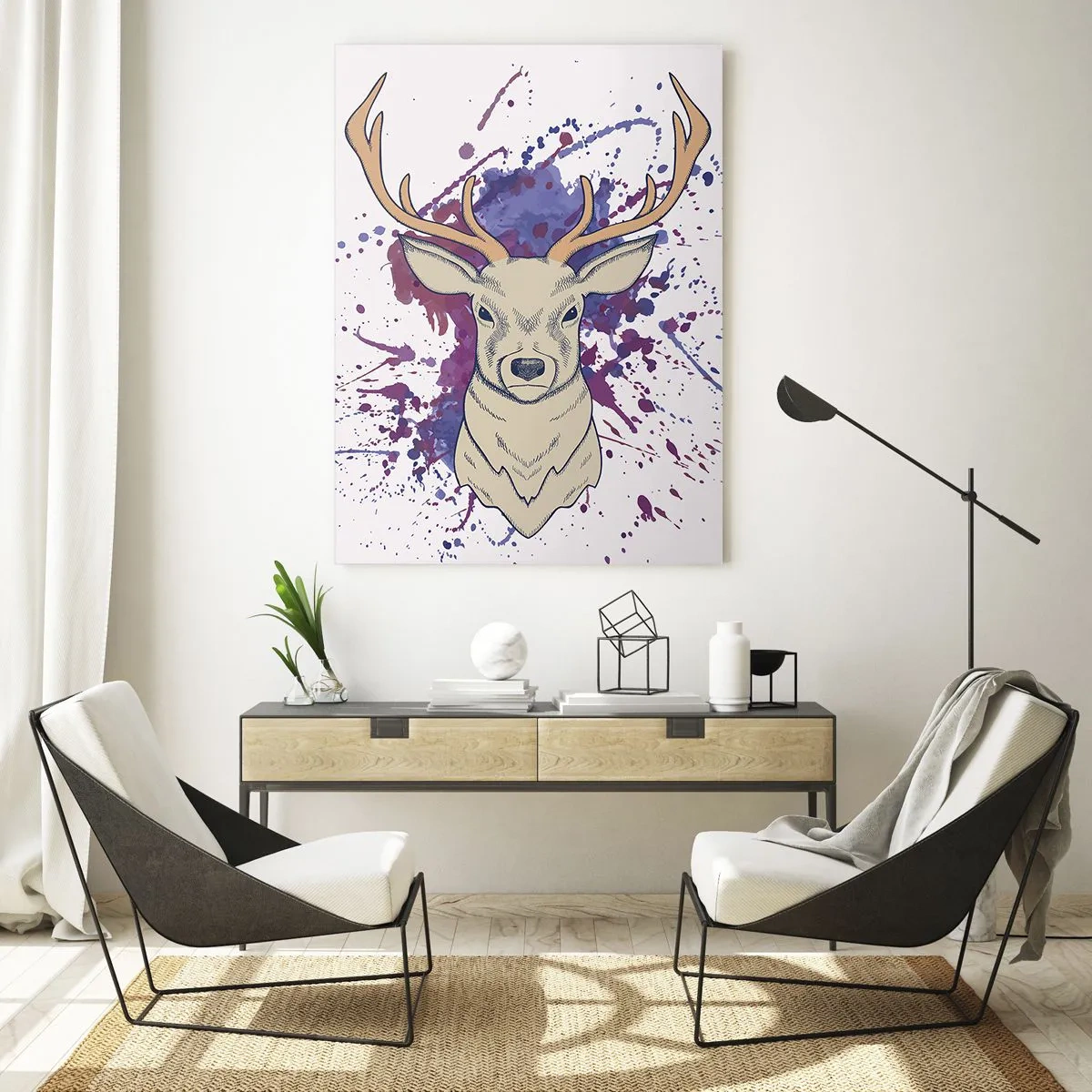 Glasbild - Bild auf glas - Illustration eines Hirsches mit buntem, abstraktem Hintergrund - 50x70cm - Mut und Ausgeglichenheit - Moderne Wanddekoration für Wohnzimmer und Schlafzimmer ARTTOR