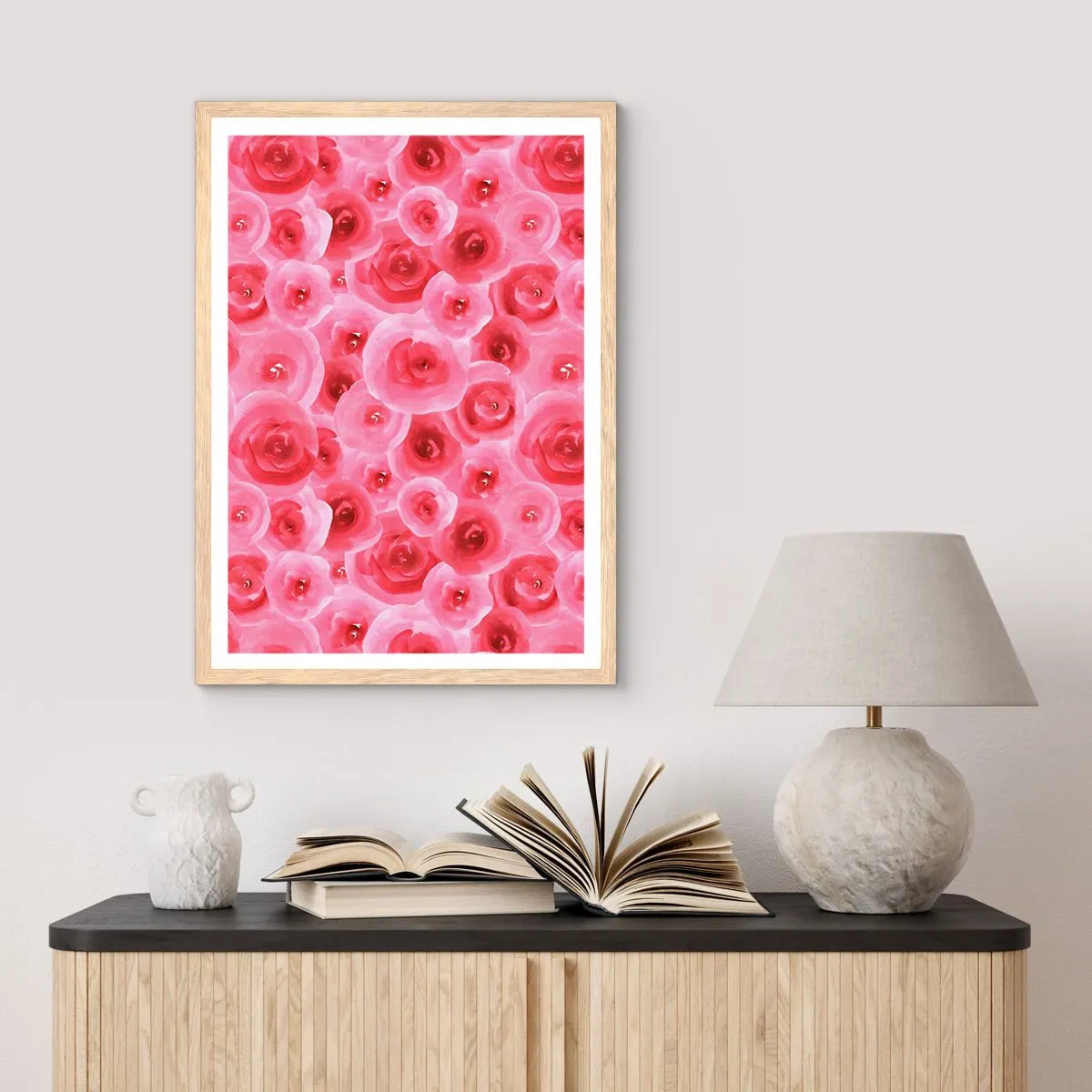 Poster in einem Rahmen aus heller Eiche - Oben und unten Rosen - 70x100 cm