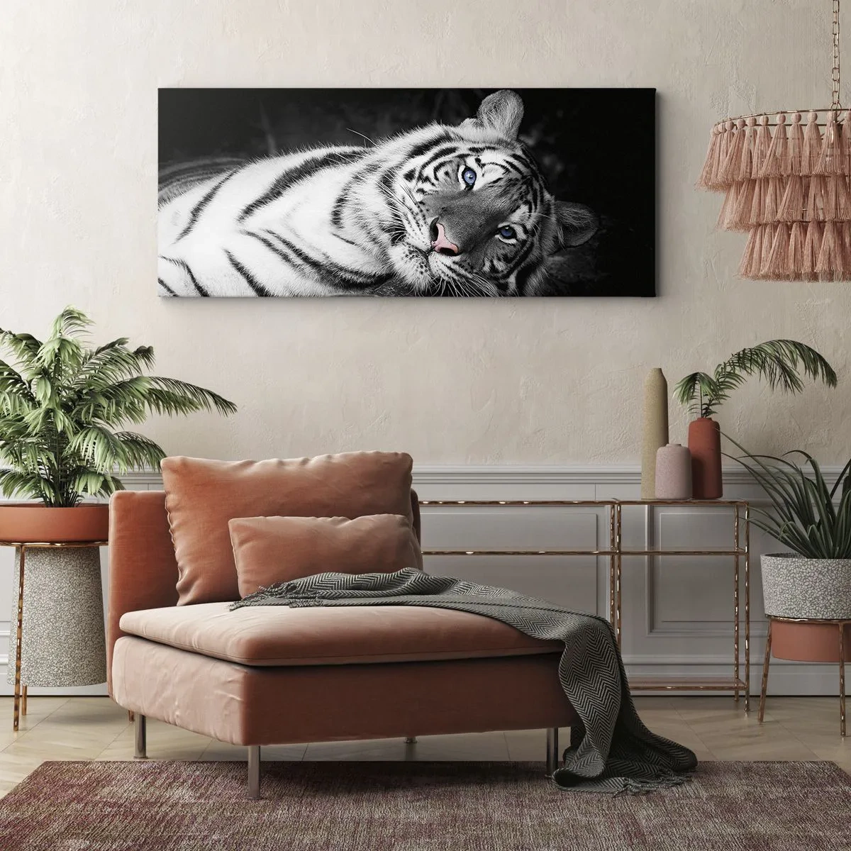Bild auf Leinwand - Leinwandbild - Ein künstlerisch gestalteter weißer Tiger vor schwarzem Hintergrund - 120x50cm - Wildnis und Frieden - Moderne Wanddekoration für Wohnzimmer und Schlafzimmer ARTTOR
